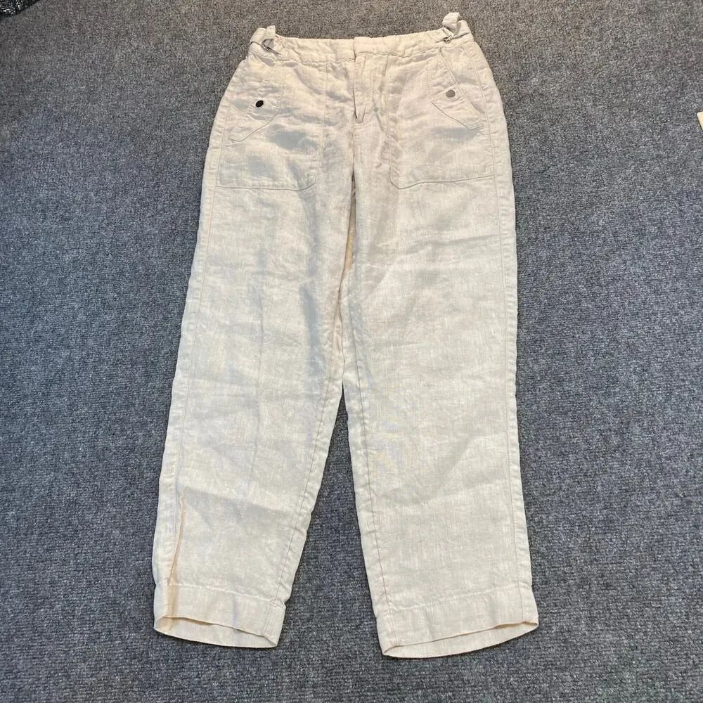 Athleta Voyager Womens 6 100% Linen Pants Beige Ankle Vacation Coastal Buckle